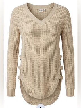 Cabin Fever Cozy V-Neck Cream Knit Sweater with Side Strap Accents